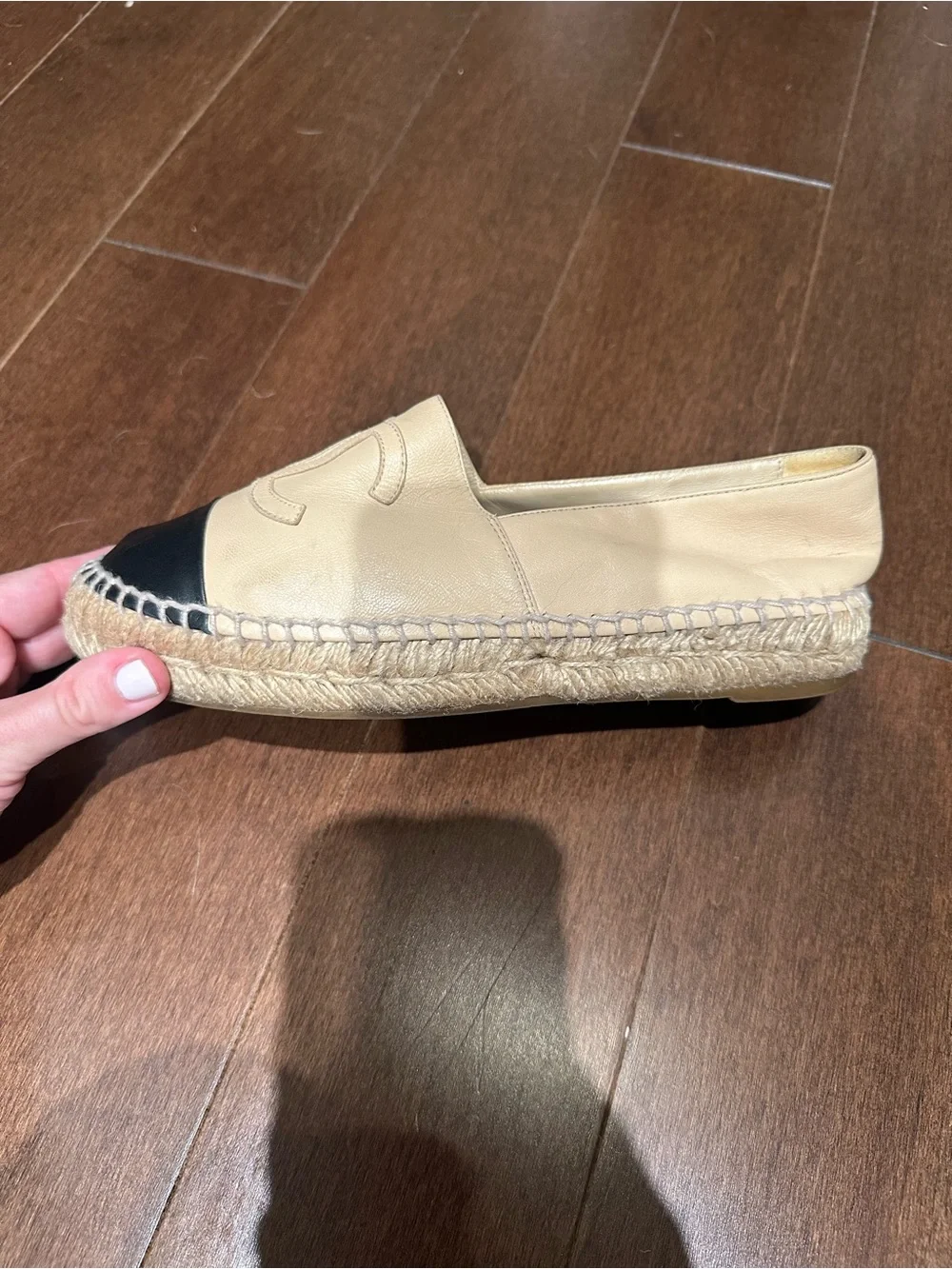 CHANEL Beige Leather Espadrilles with Black Cap Toe Size 36